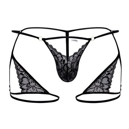 CandyMan 99678 black lace garter thong with intricate floral patterns and thin elastic straps shown from the back