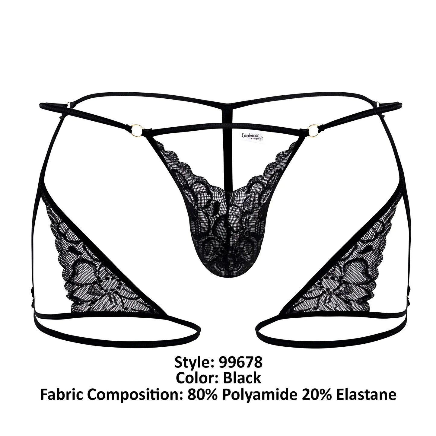 CandyMan 99678 black lace thong with intricate floral patterns and thin elastic straps shown from the back side