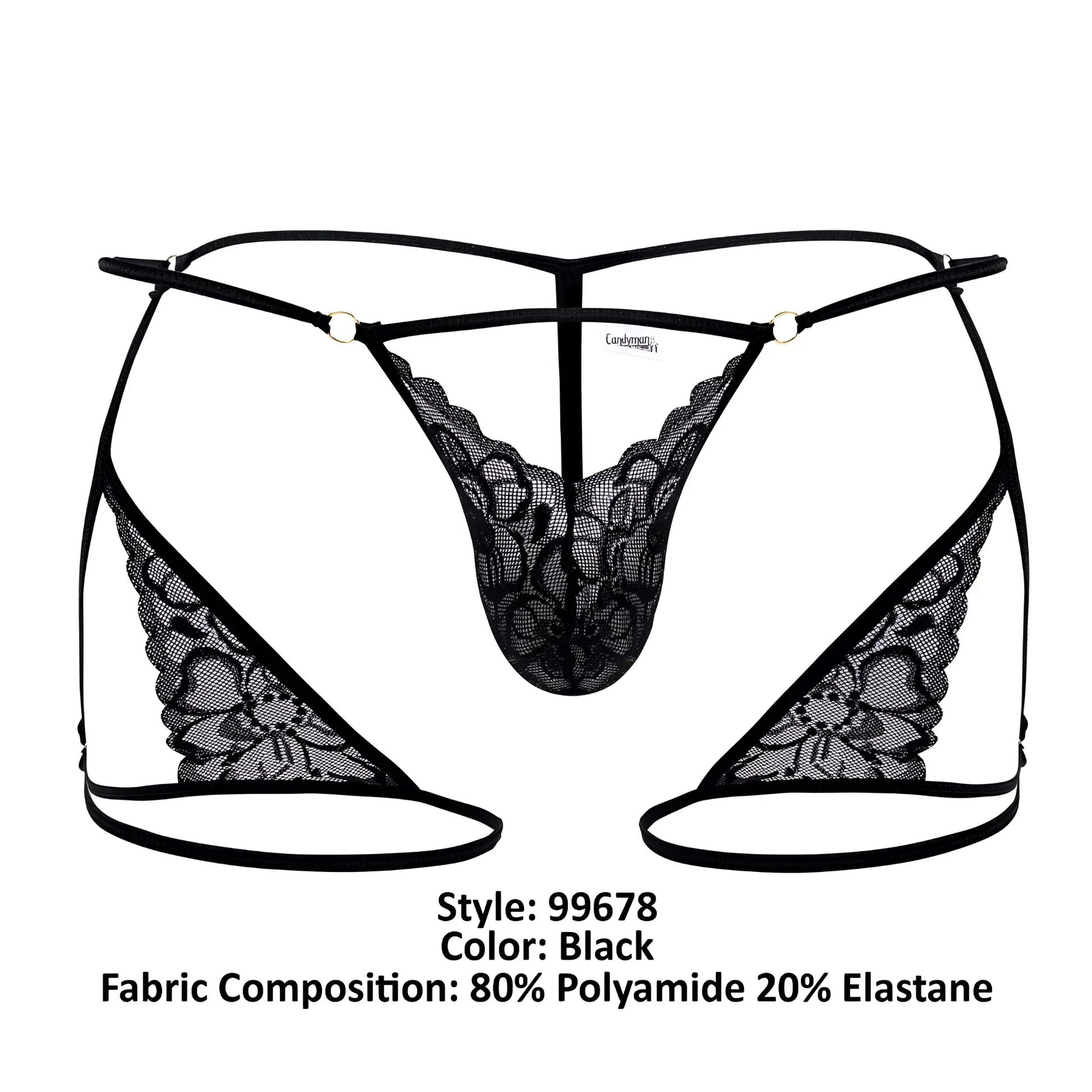 CandyMan 99678 black lace thong with intricate floral patterns and thin elastic straps shown from the back side