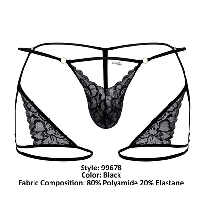 CandyMan 99678 black lace thong with intricate floral patterns and thin elastic straps shown from the back side
