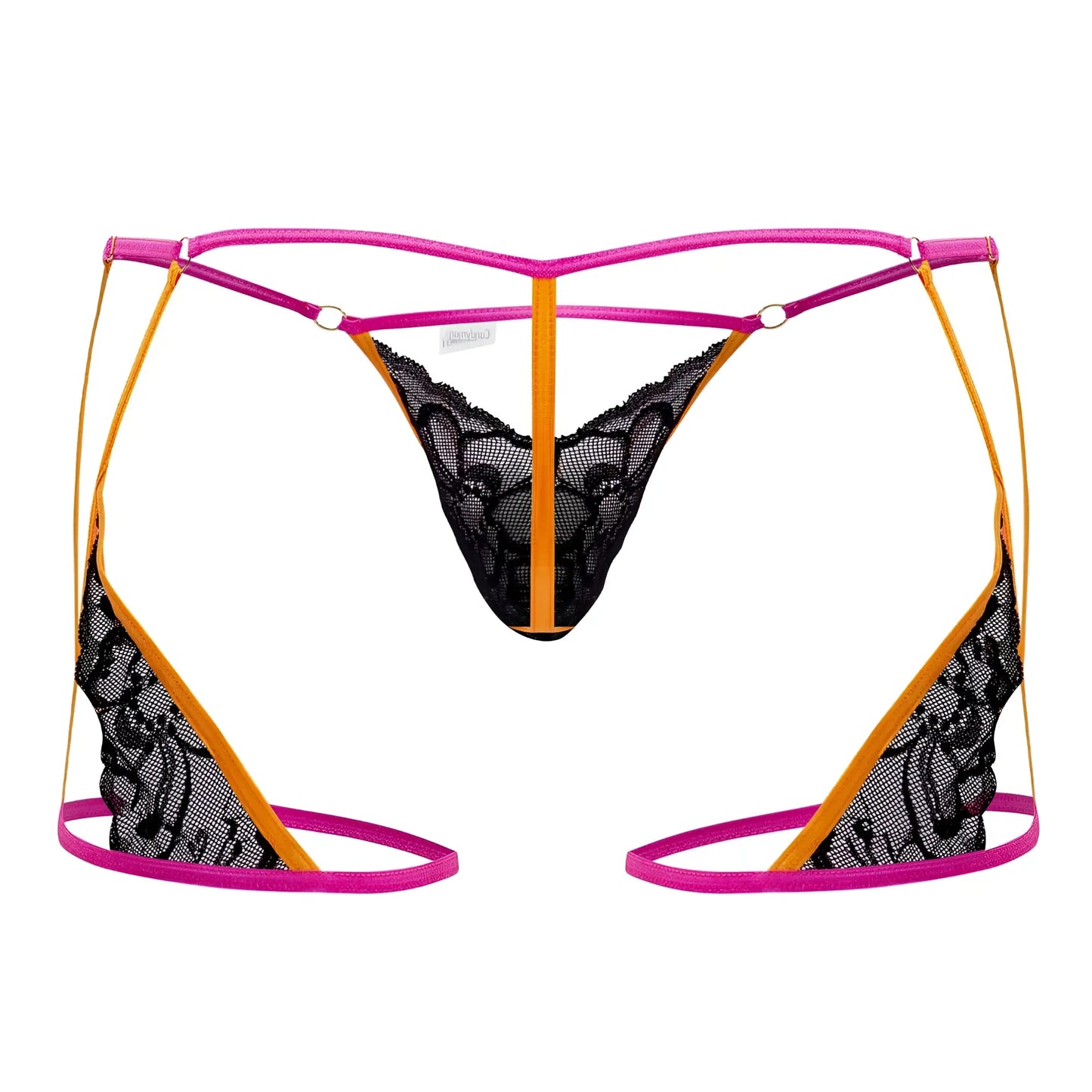 Black lace thong with vibrant pink and orange neon straps from Candyman 99678 garter thongs color neon black