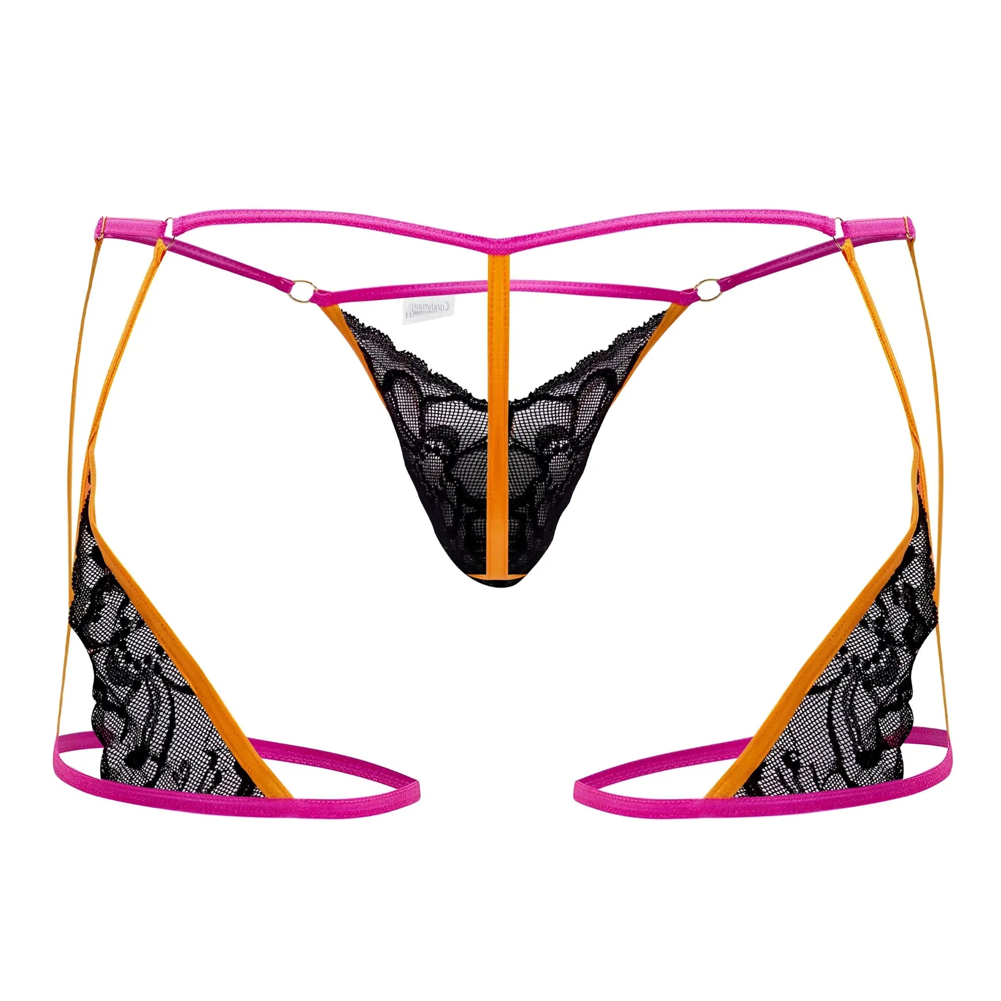 Black lace thong with vibrant pink and orange neon straps from Candyman 99678 garter thongs color neon black