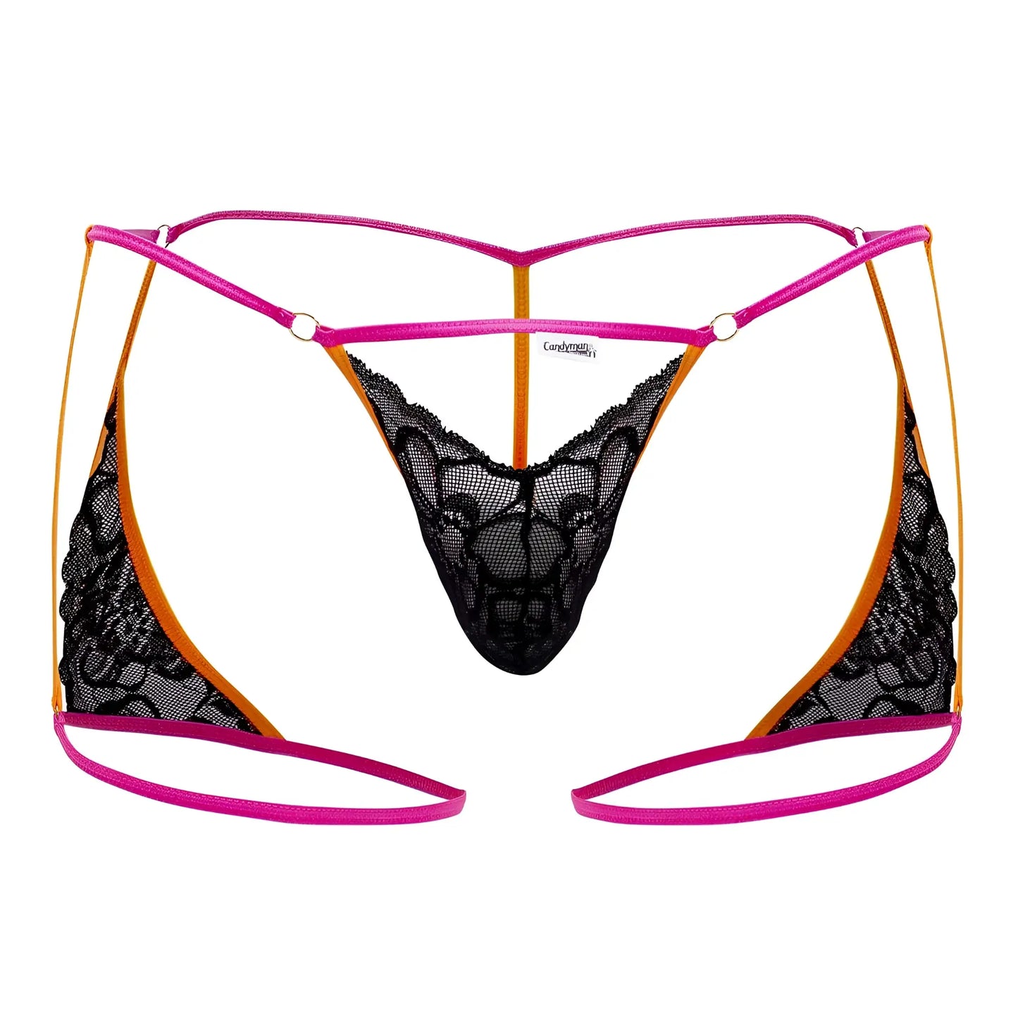 Black lace thong with vibrant pink and orange neon trim from candyman 99678 garter thongs collection