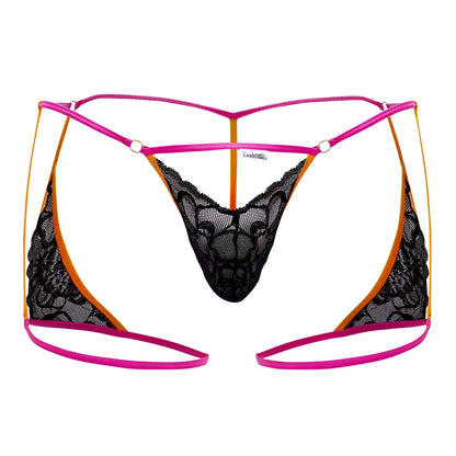 Black lace thong with vibrant pink and orange neon trim from candyman 99678 garter thongs collection