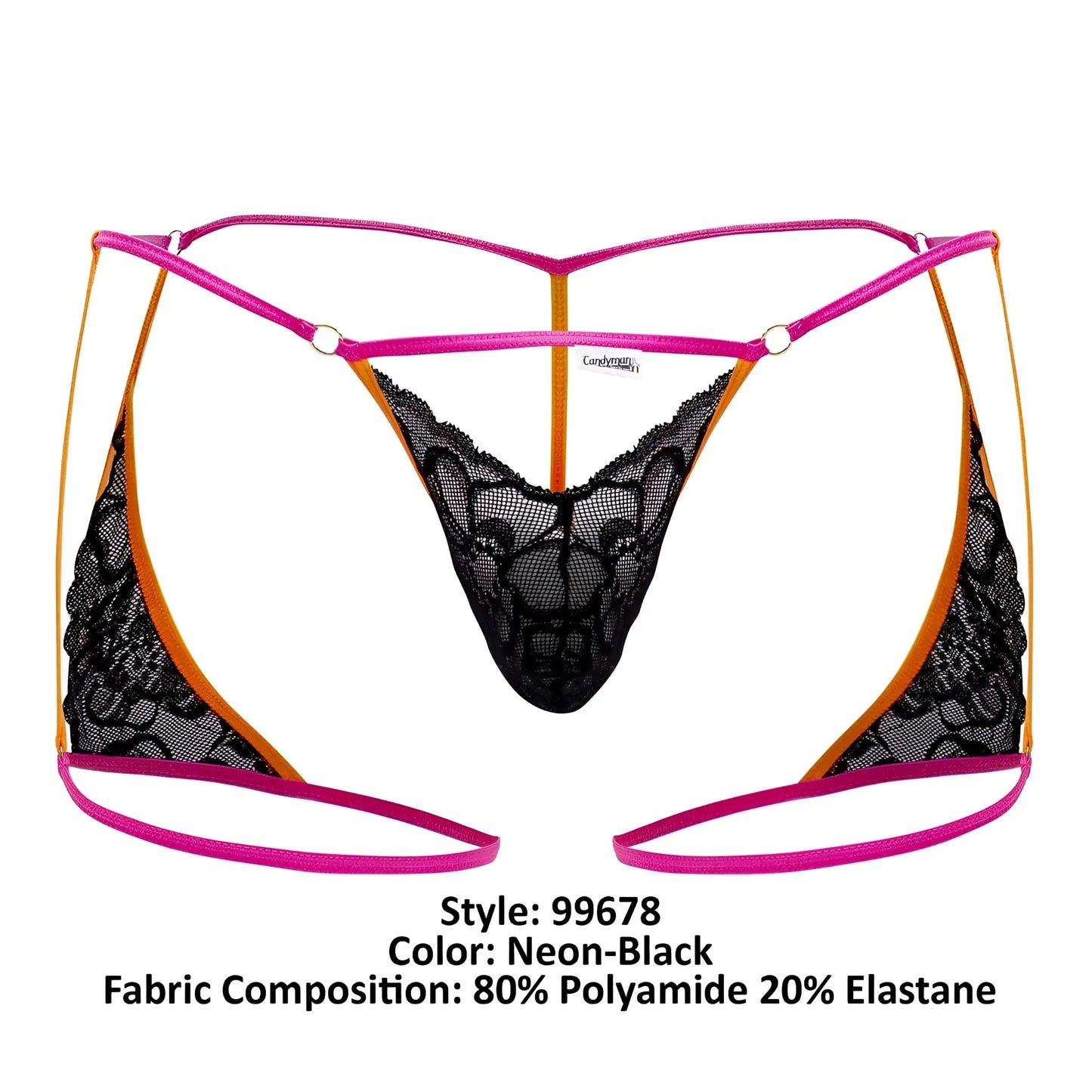 Neon-pink and orange-trimmed black lace thong with sleek modern design candyMan 99678 garter thong front view