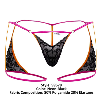 Neon-pink and orange-trimmed black lace thong with sleek modern design candyMan 99678 garter thong front view