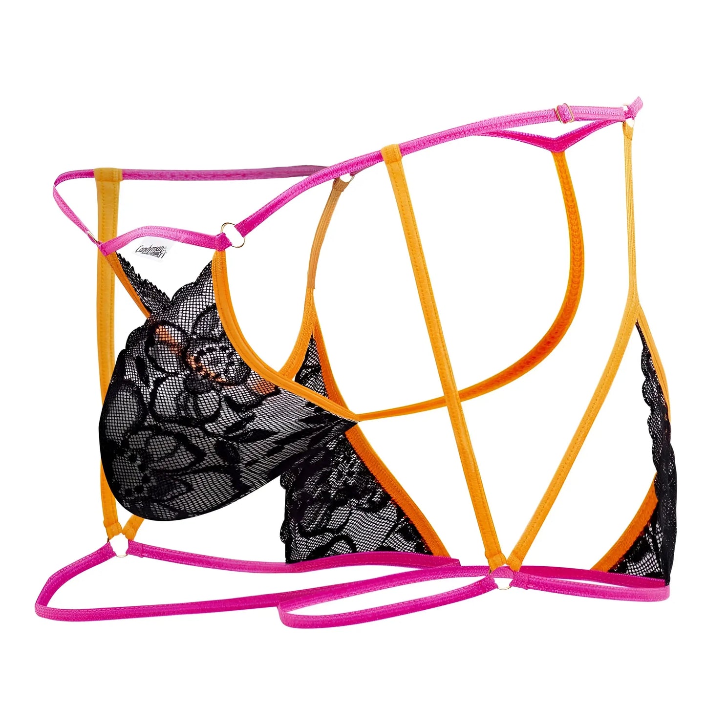 A vibrant neon-black CandyMan 99678 garter thongs set featuring pink and orange lace with sheer black floral pattern