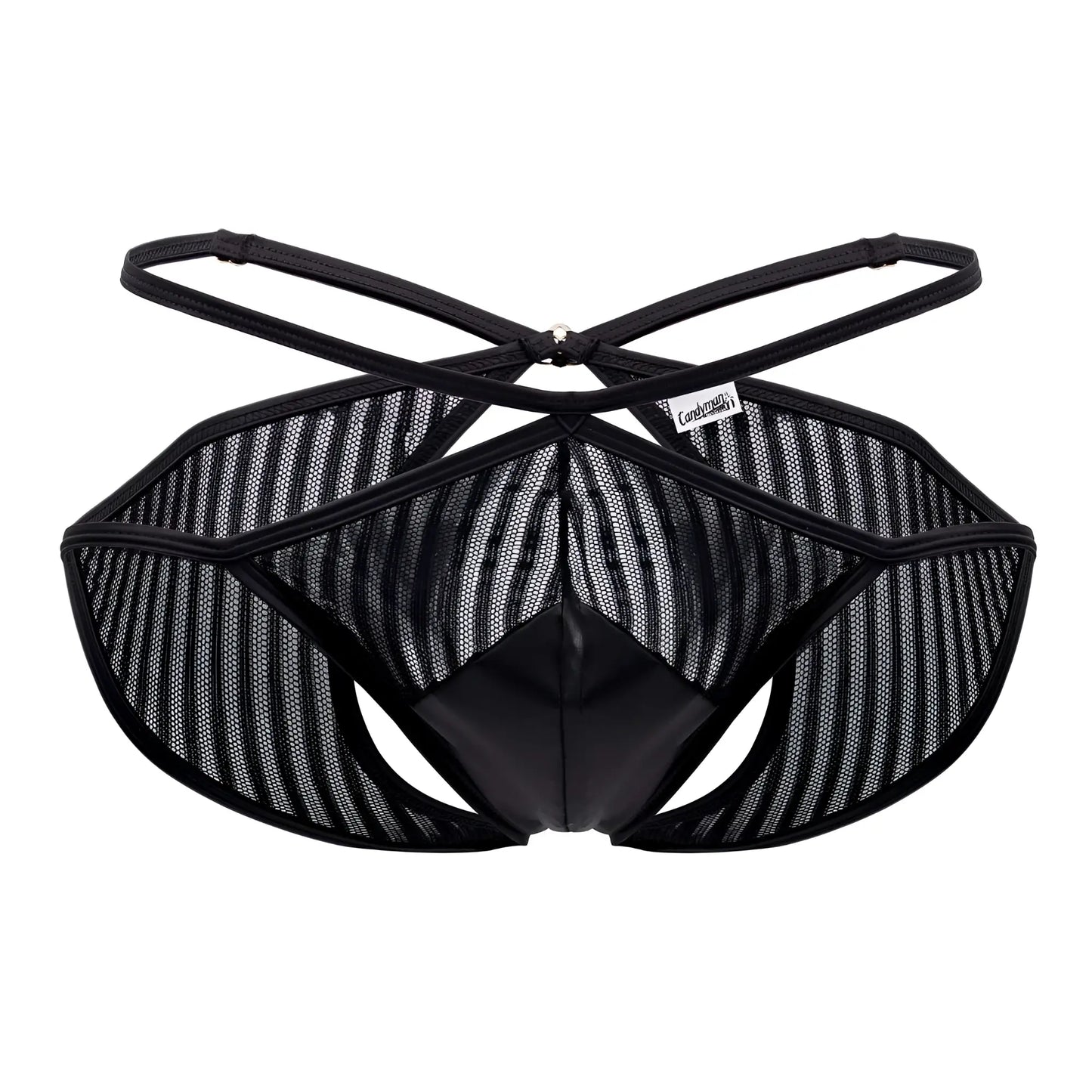 CandyMan 99681 mesh briefs in black with a glossy front panel and crisscross back straps shown from the back