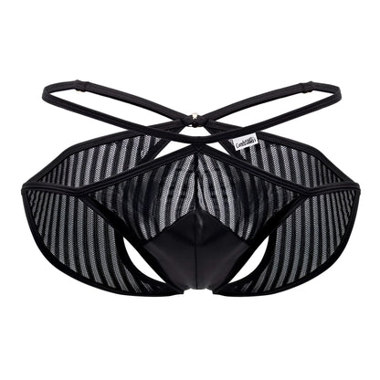 CandyMan 99681 mesh briefs in black with a glossy front panel and crisscross back straps shown from the back