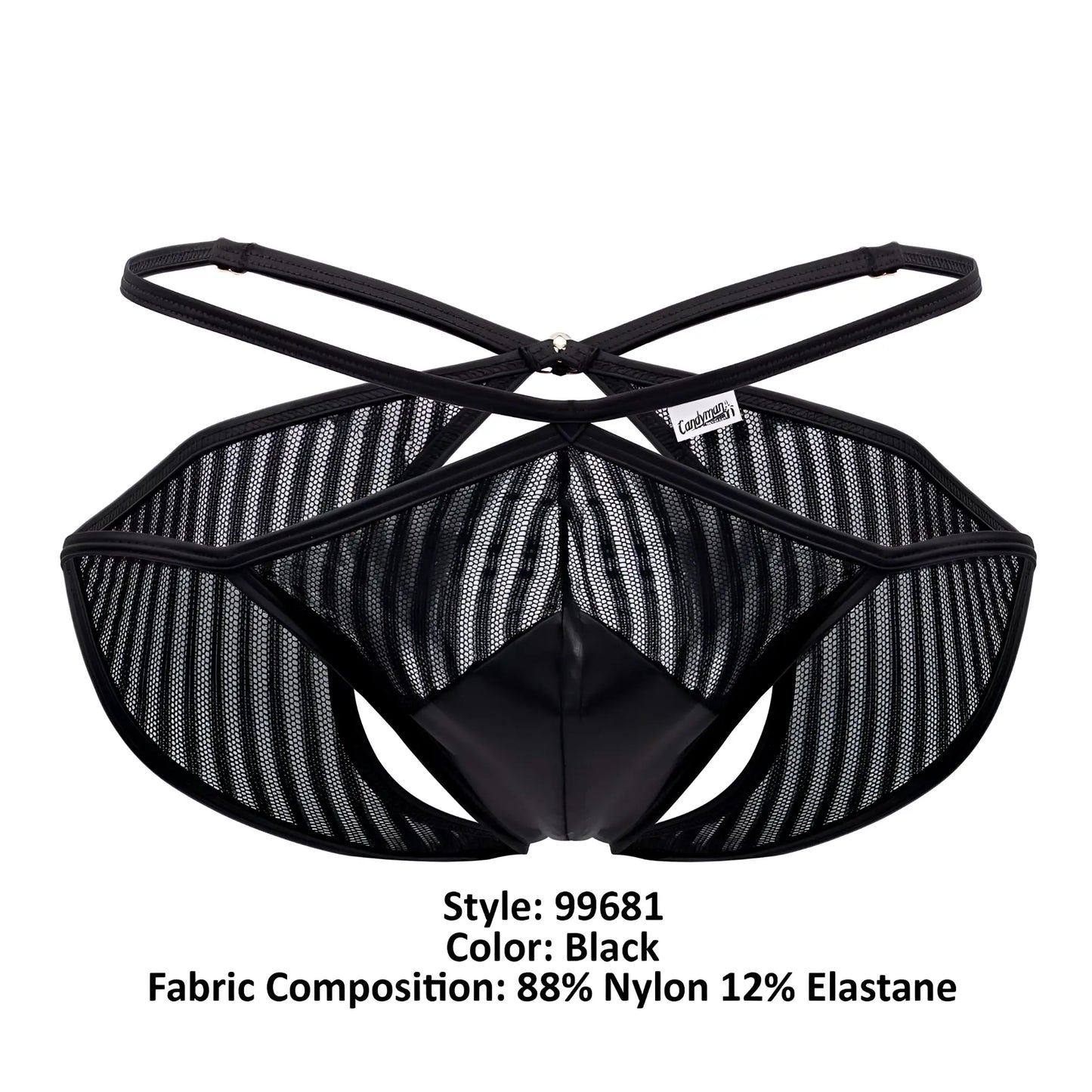 CandyMan 99681 black mesh briefs with glossy black front panel and crisscross back straps shown from the back side