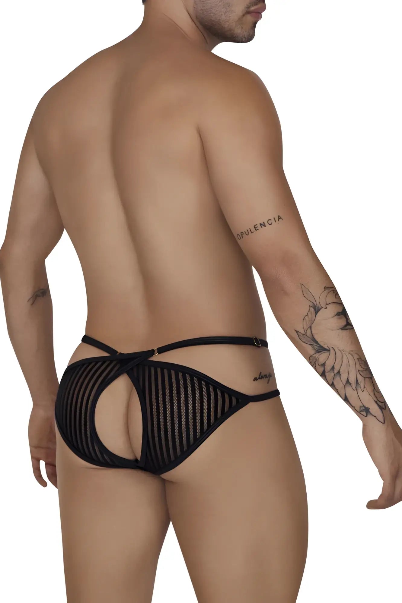 Black mesh briefs by candyman featuring a striped pattern and adjustable straps for a comfortable fit