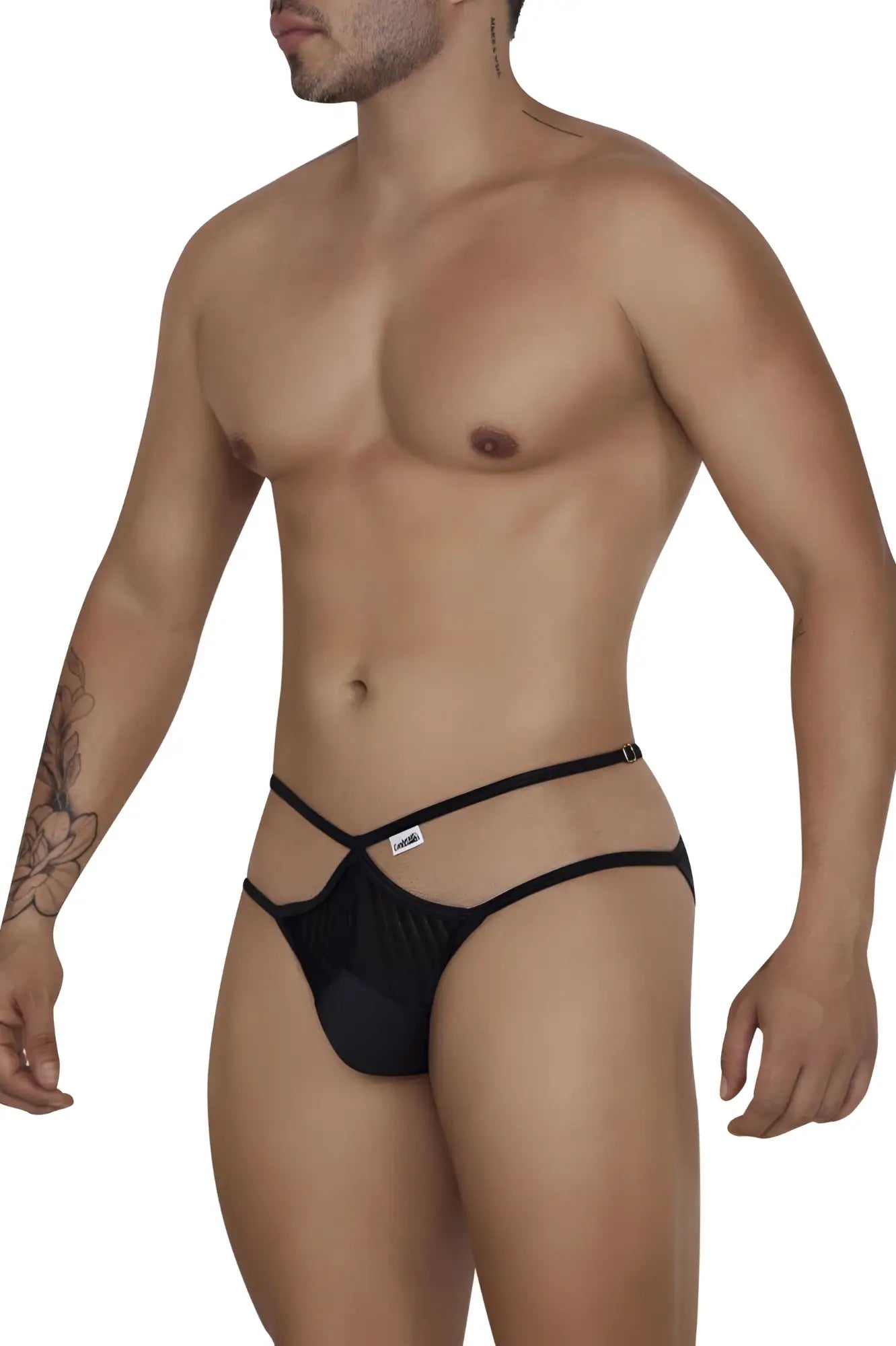 Black mesh thong briefs with thin adjustable straps and small brand tag from Candyman 99681 collection