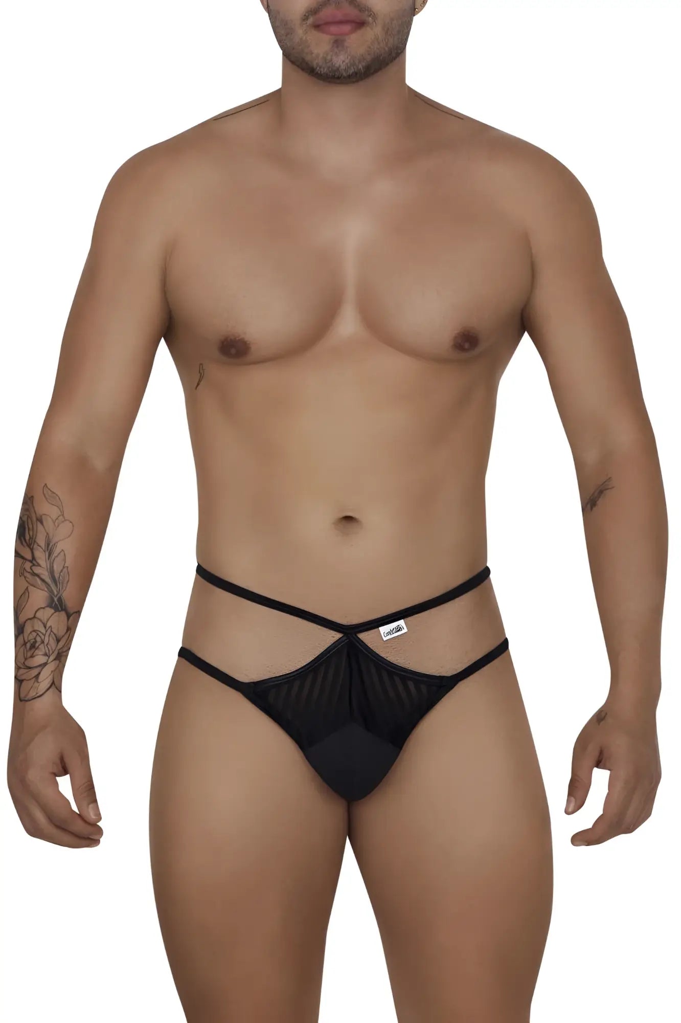 Black mesh thong briefs by candyman with crisscross design and elastic straps in black color front view