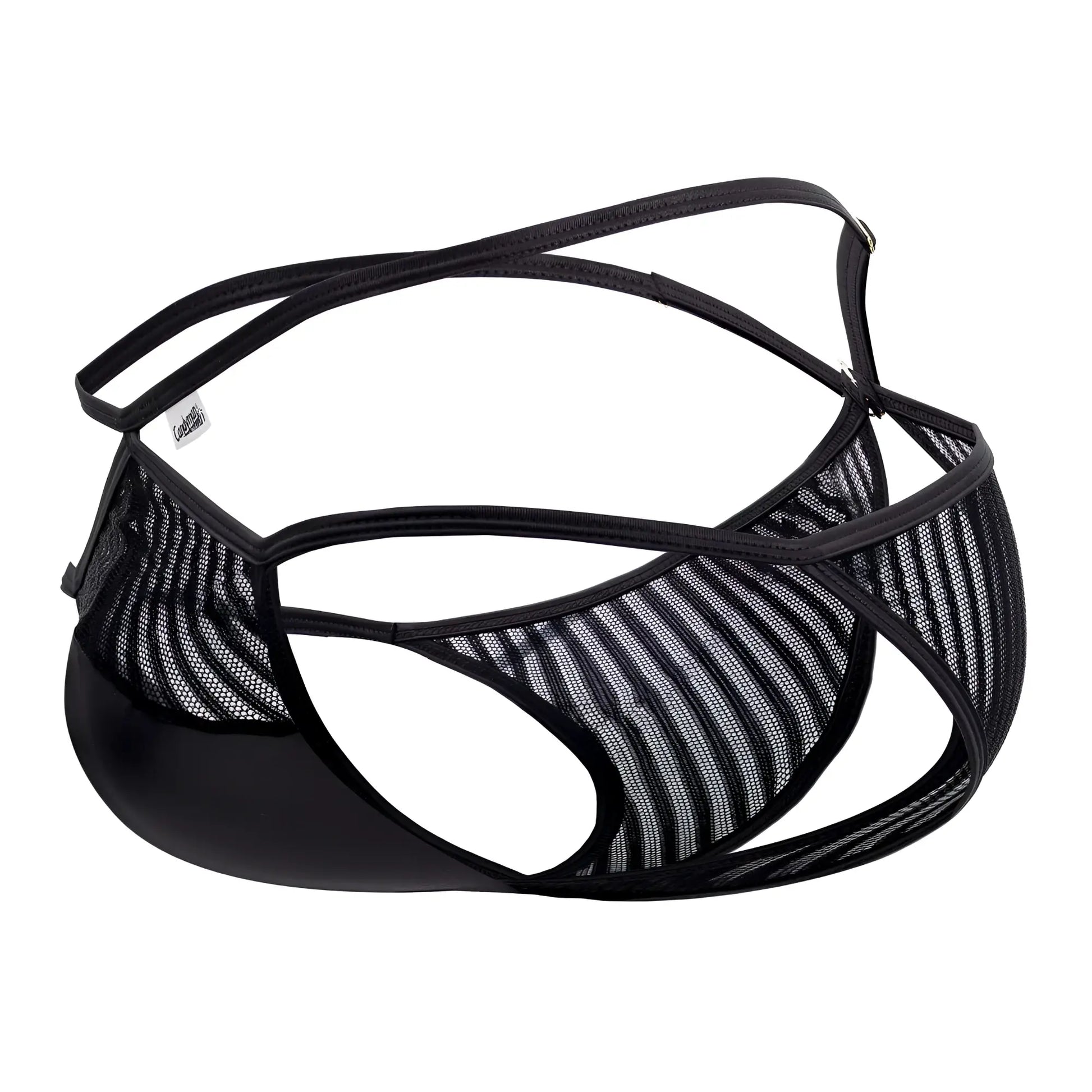 Black mesh thong with glossy solid black front panel and adjustable straps candyMan 99681 mesh briefs black
