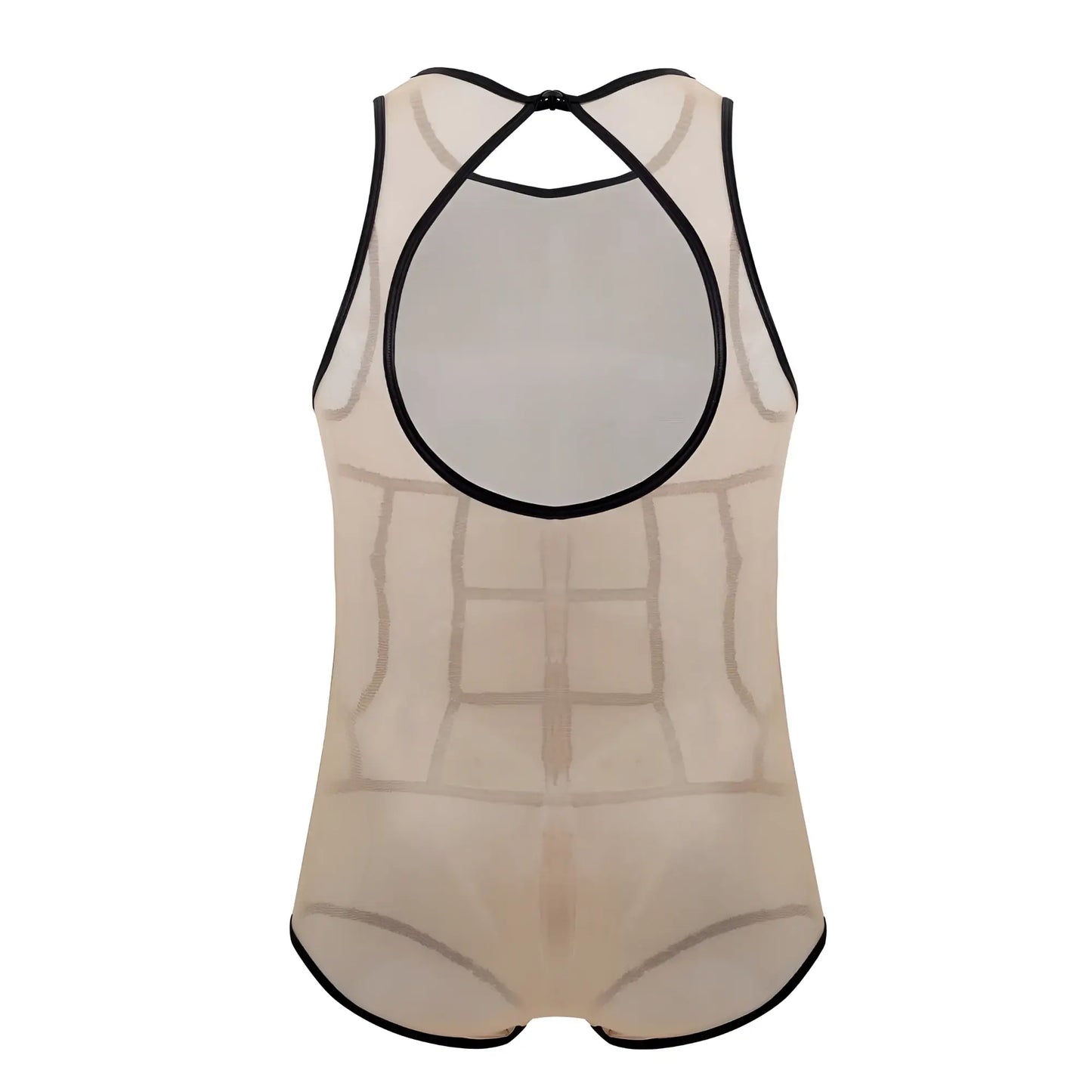 Beige mesh one-piece swimsuit with black trim and back cutout design candy man 99683x tulle bodysuit back side