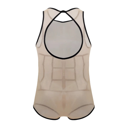 Beige mesh one-piece swimsuit with black trim and back cutout design candy man 99683x tulle bodysuit back side