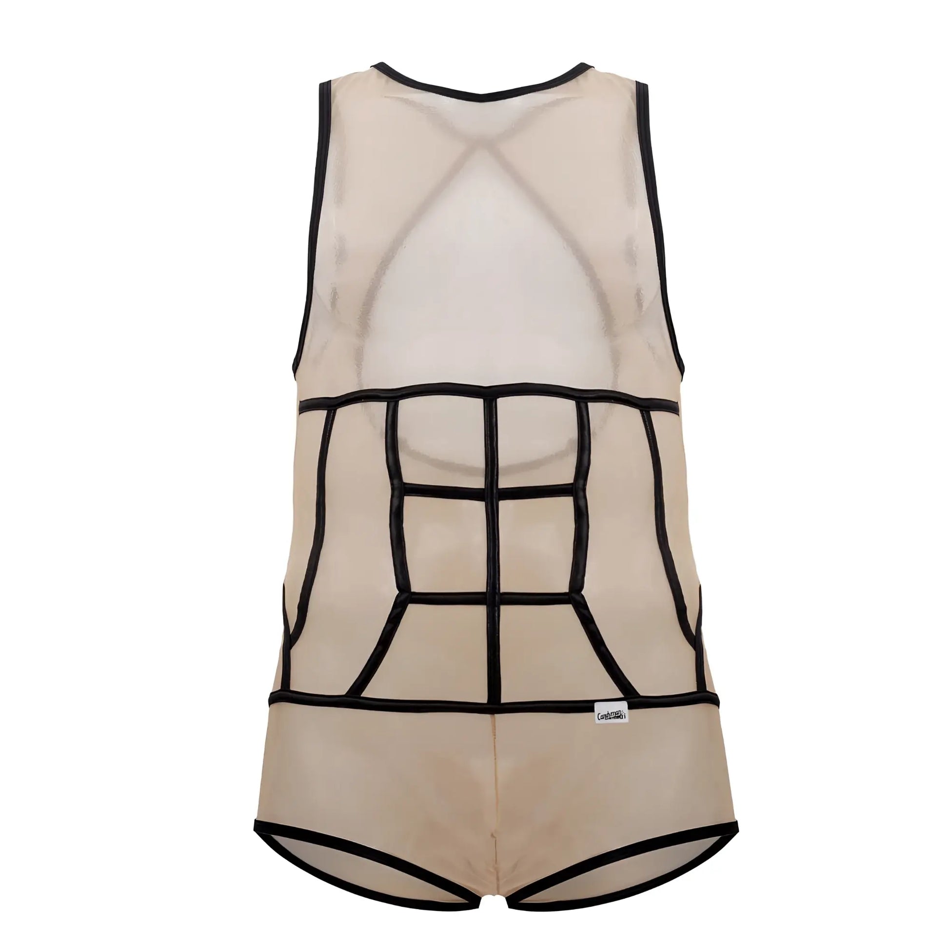 Beigе mesh tank top candyMan 99683X tulle bodysuit with black outlined abdominal muscle design