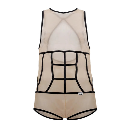 Beigе mesh tank top candyMan 99683X tulle bodysuit with black outlined abdominal muscle design