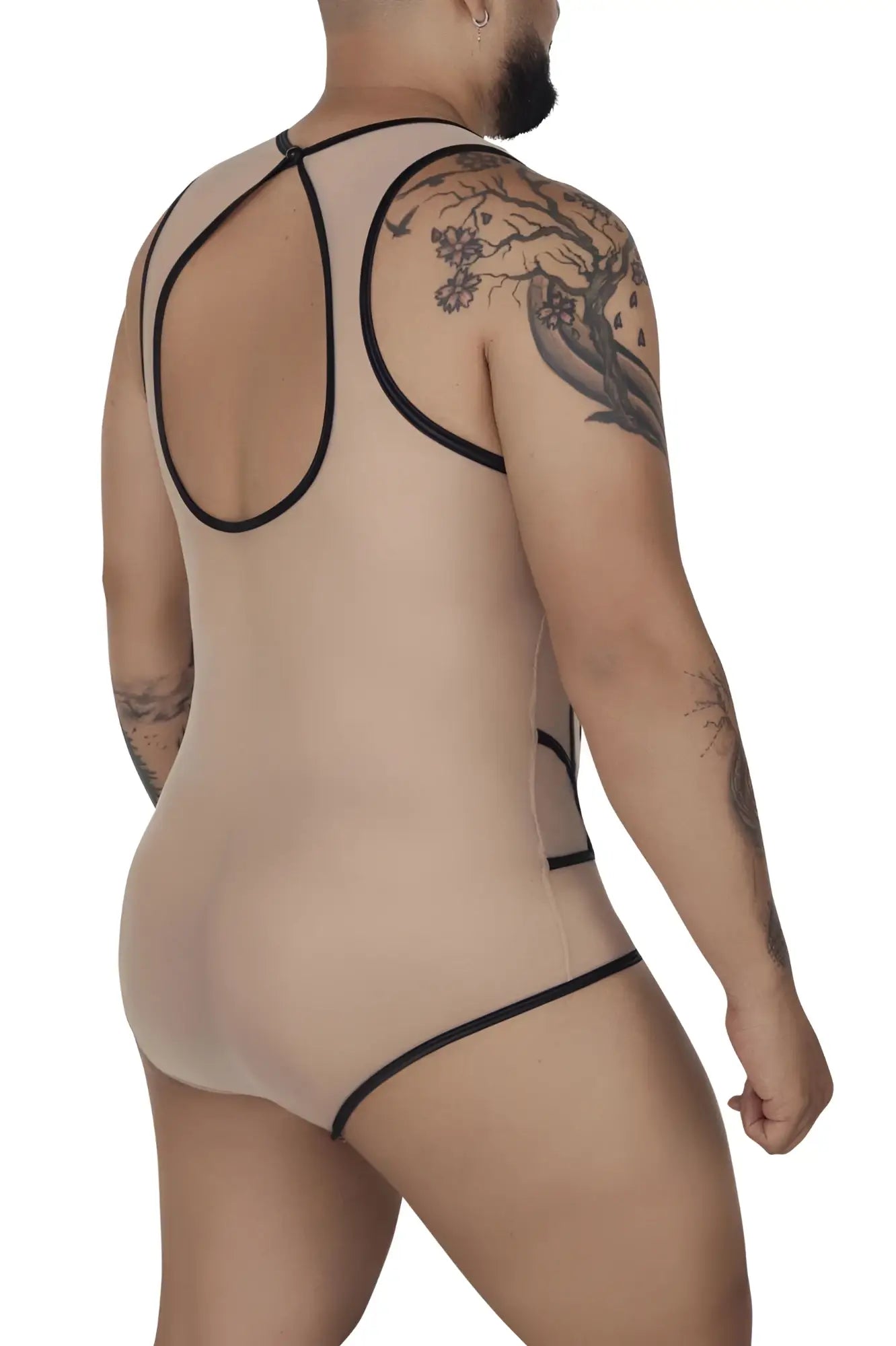 Beige sheer tulle bodysuit with black elastic trim and racerback design from candyman 99683x collection back view