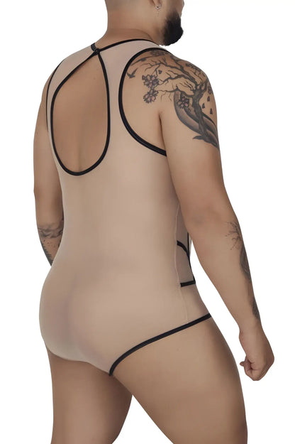 Beige sheer tulle bodysuit with black elastic trim and racerback design from candyman 99683x collection back view