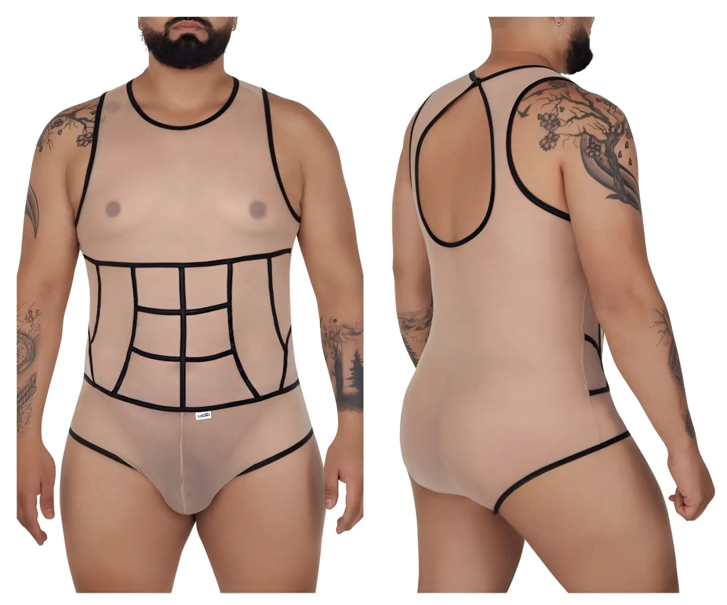 Beigemesh tulle bodysuit with black outlined paneling and racerback design candyMan 99683X from front view