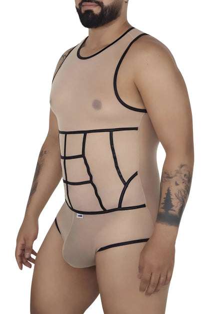 Beigecandy man 99683x tulle bodysuit with black outlined grid pattern sheer mesh fabric design