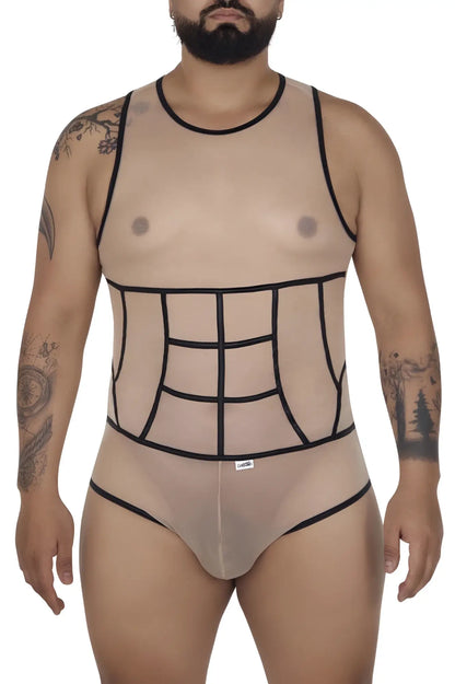 Transparent beige tulle bodysuit candyMan 99683X with black outlined paneling and trim in a mesh design