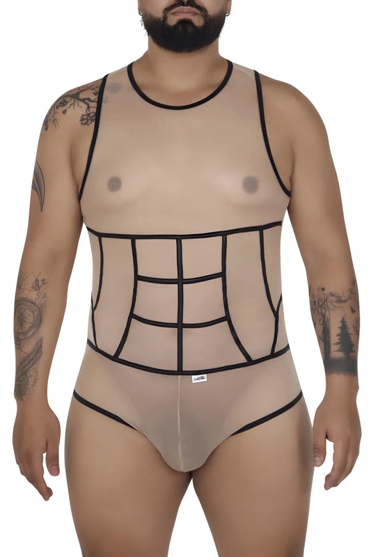 Transparent beige tulle bodysuit candyMan 99683X with black outlined paneling and trim in a mesh design