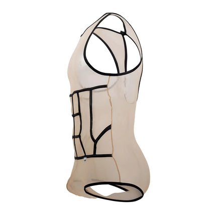 CandyMan 99683X tulle bodysuit beige transparent mesh with black structural straps and sleek form-fitting design