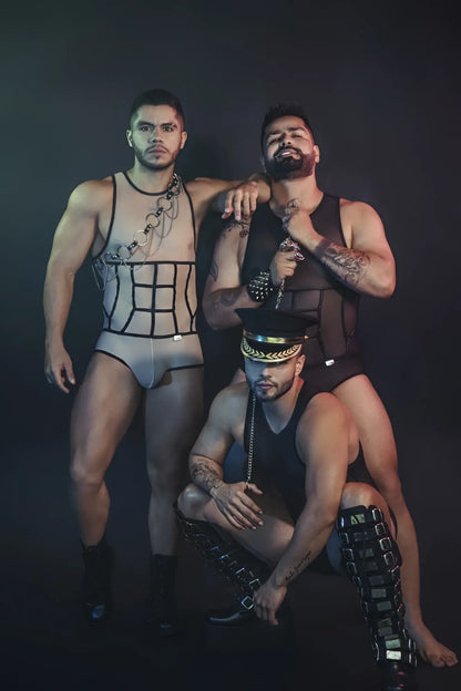 Black leather harness with silver chain accents and a gold-trimmed cap from candyman 99683x tulle bodysuit in black