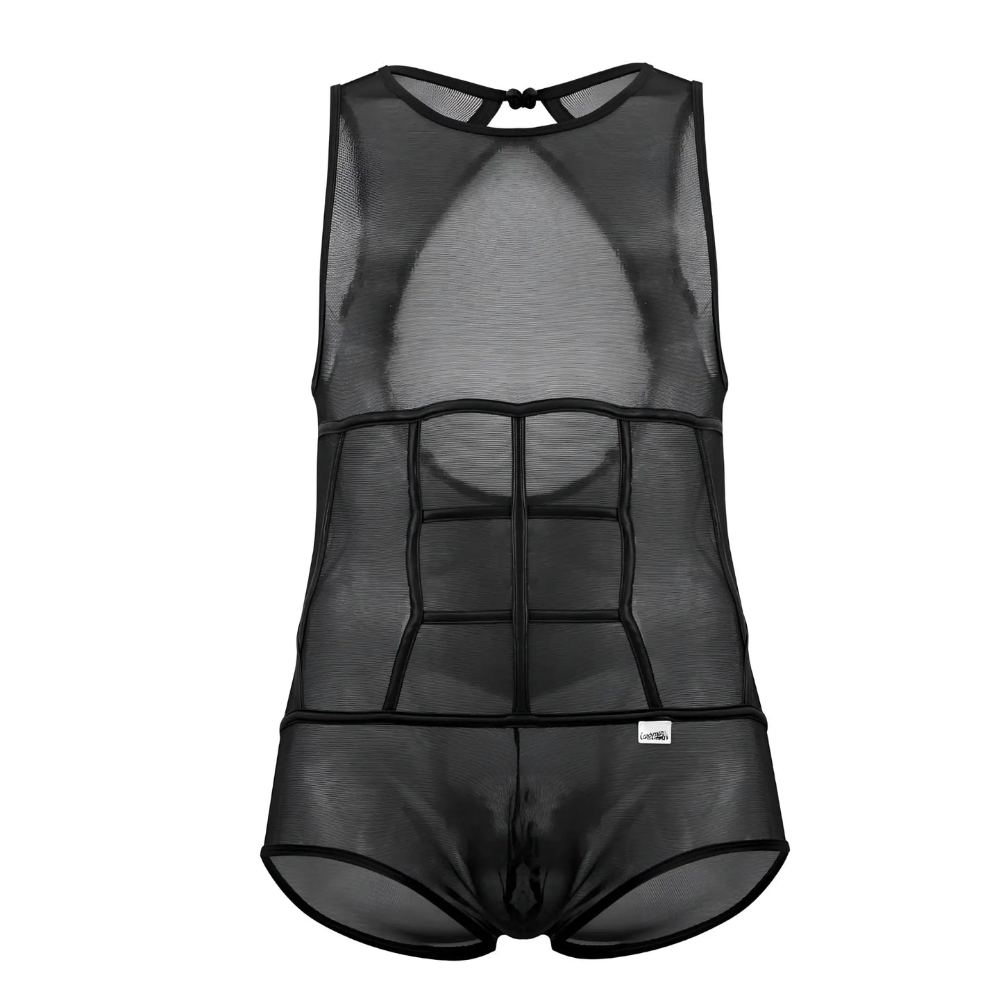 Black mesh candy man 99683x tulle bodysuit for men with defined abdominal design and sheer fabric detailing