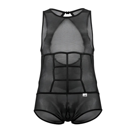 Black mesh candy man 99683x tulle bodysuit for men with defined abdominal design and sheer fabric detailing