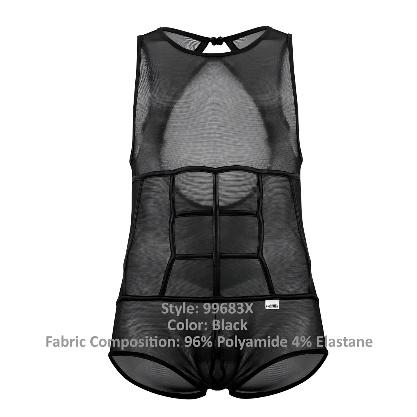 Black mesh men’s bodysuit candyMan 99683X with structured six-pack abs design in tulle material