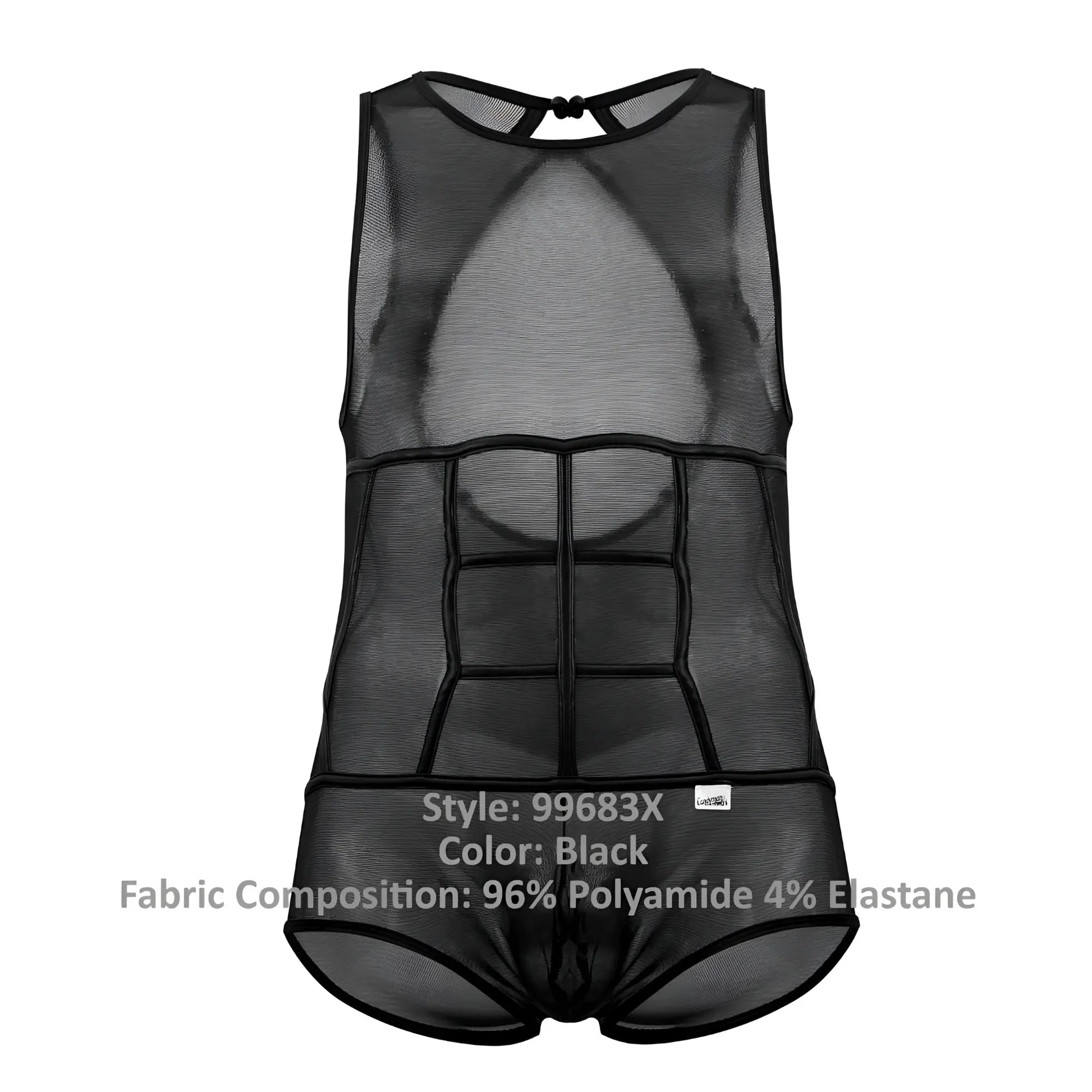 Black mesh men’s bodysuit candyMan 99683X with structured six-pack abs design in tulle material