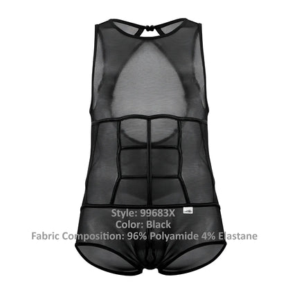 Black mesh men’s bodysuit candyMan 99683X with structured six-pack abs design in tulle material