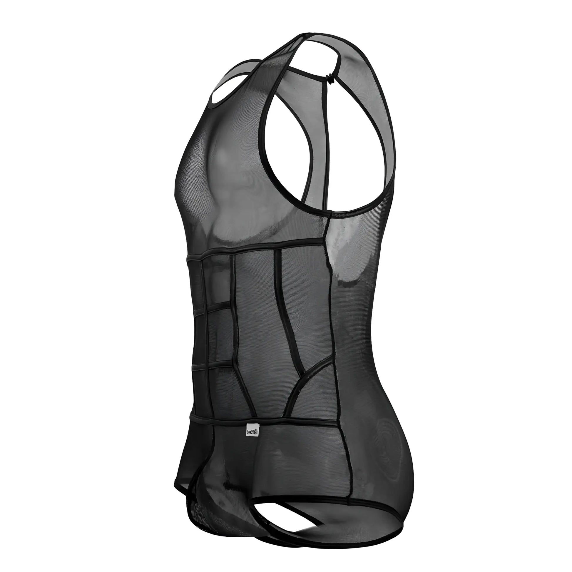 CandyMan 99683X tulle bodysuit black mesh tank top with reinforced paneling and sleek form fitting design