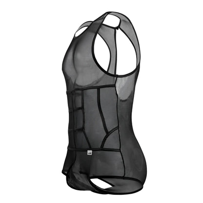 CandyMan 99683X tulle bodysuit black mesh tank top with reinforced paneling and sleek form fitting design