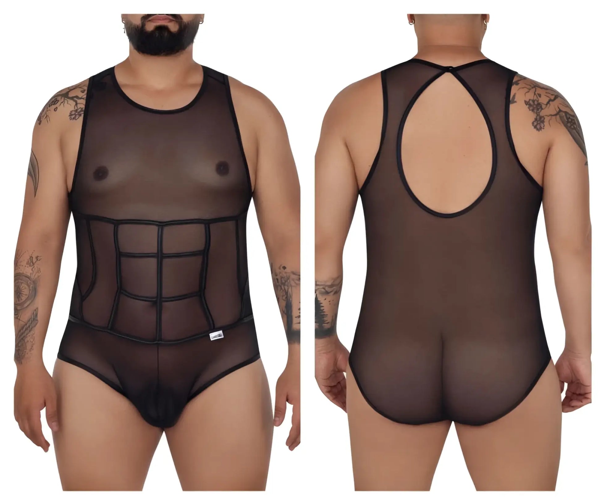 Black sheer mesh CandyMan 99683X tulle bodysuit with black elastic trim and structured grid design on torso
