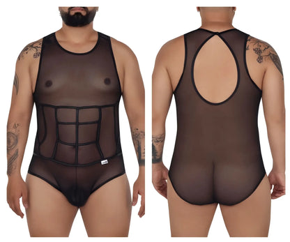 Black sheer mesh CandyMan 99683X tulle bodysuit with black elastic trim and structured grid design on torso