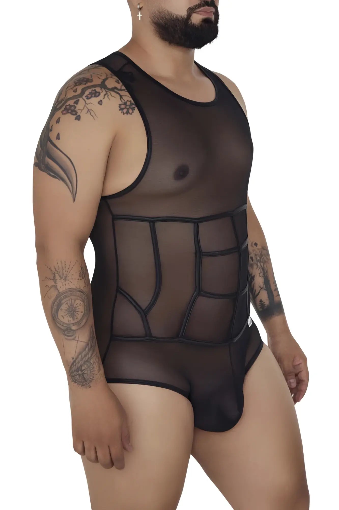 Black sheer mesh CandyMan 99683X tulle bodysuit with geometric panel design in black