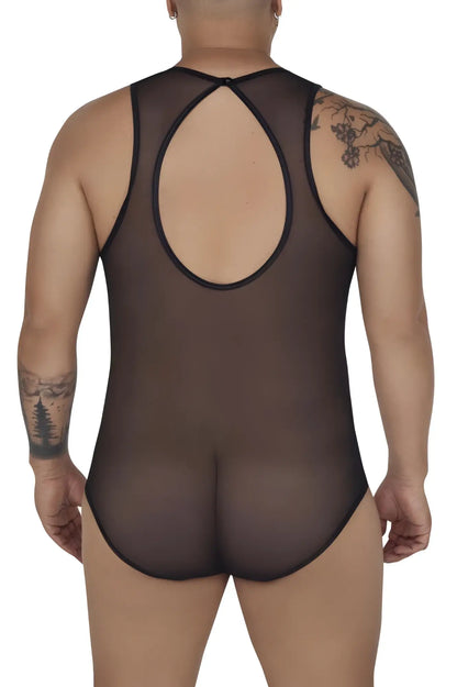 Black sheer mesh one-piece CandyMan 99683X tulle bodysuit with back cross cutout design shown from the back