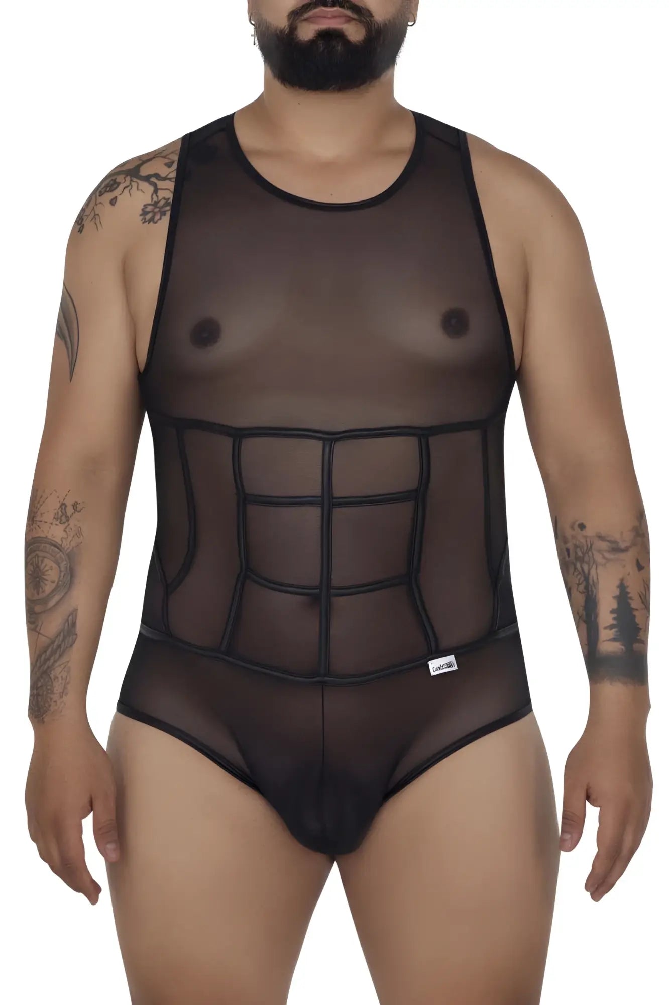 Black sheer mesh tulle bodysuit with structured grid corset design candyMan 99683X color black