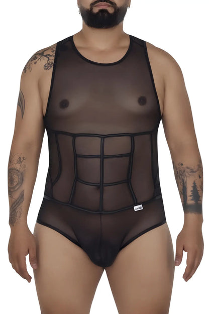Black sheer mesh tulle bodysuit with structured grid corset design candyMan 99683X color black