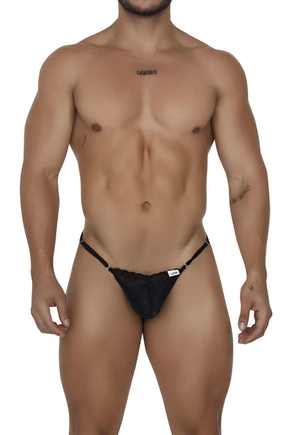 Black mesh CandyMan 99685 lace thong with adjustable side straps and a small white brand tag