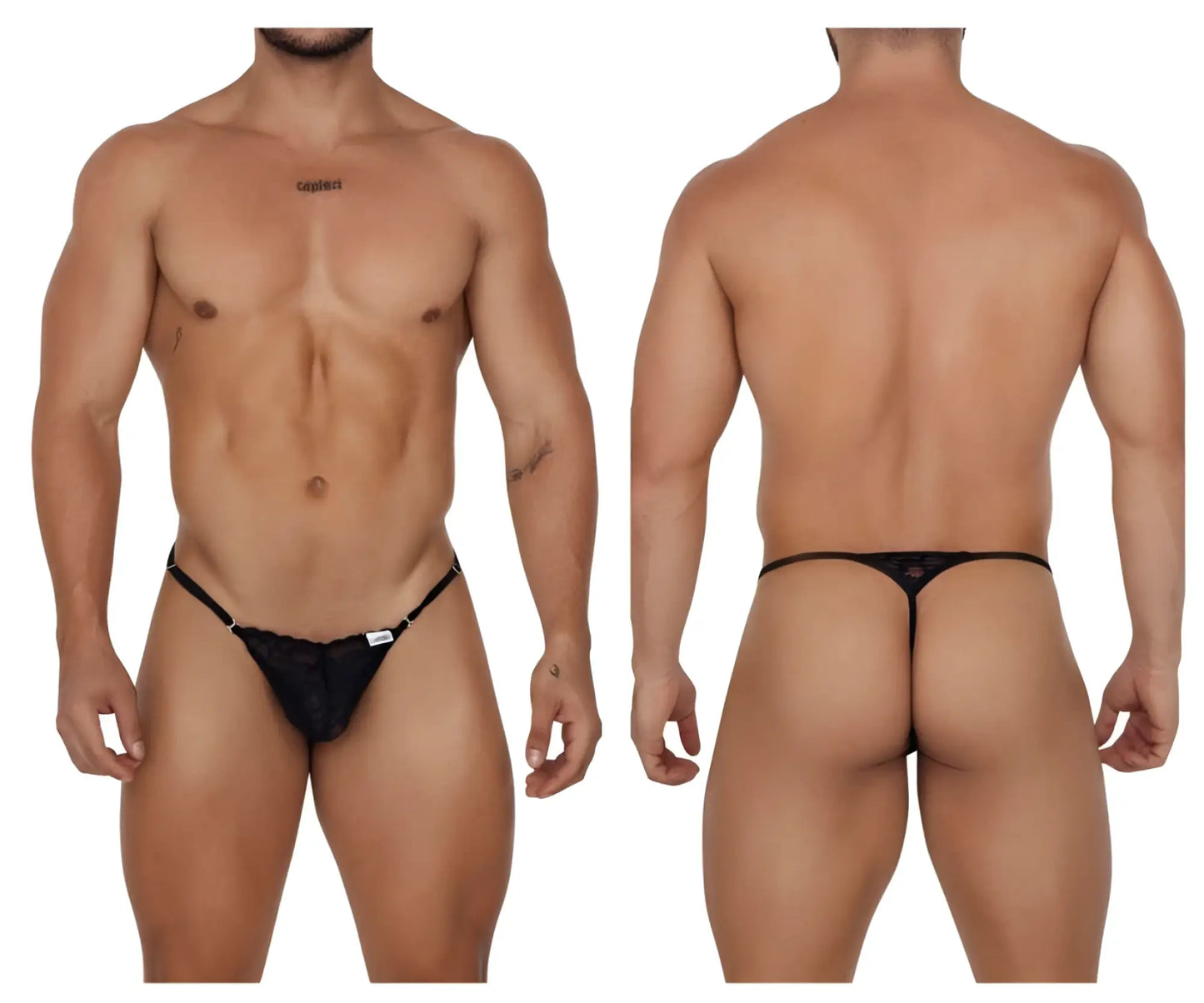 Black lace thong CandyMan 99685 with adjustable straps and small white label on the front in black color