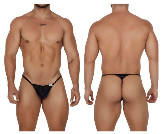 Black lace thong CandyMan 99685 with adjustable straps and small white label on the front in black color
