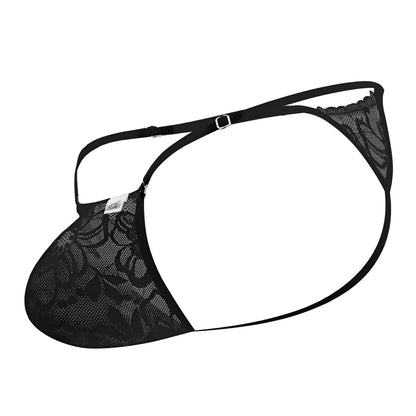 CandyMan 99685 black lace thong with delicate floral pattern and adjustable straps showing front side