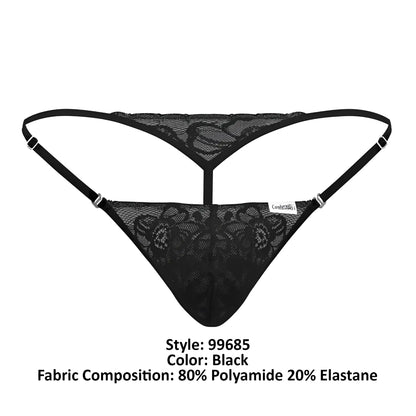 Black candyMan 99685 lace thong with thin straps and delicate floral pattern in front view