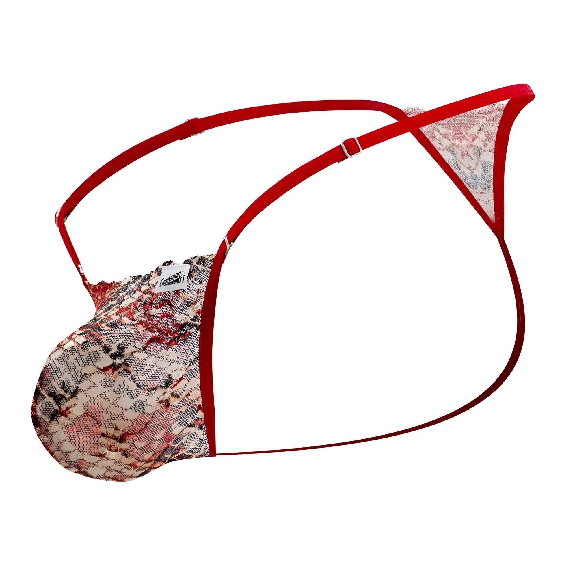 Red lace thong with floral pattern and adjustable straps from candyman 99685 in vibrant red print