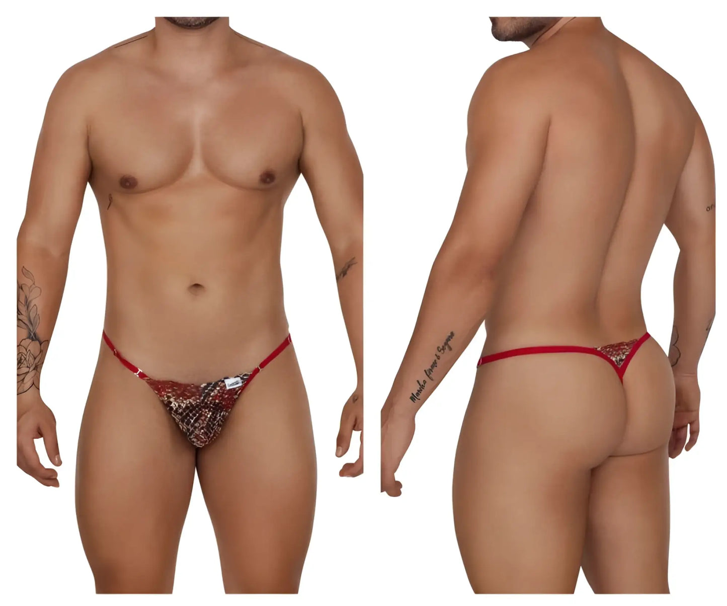 CandyMan 99685 lace thong in red with a patterned sequined center and thin straps visible from the front